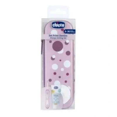 ست مسواک و خمیر دندان ایتالیایی کودک چیکو Rosa Colore Dentini Primi Set Chicco رنگ صورتی مناسب 6 تا 36 ماه